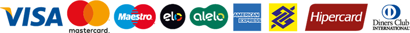 Imagem referente às formas de pagamento aceitas: Cartões Visa, Mastercard, Maestro, Elo, Alelo, American Express, Banco do Brasil, Hipercard, Diners Club International e outros.